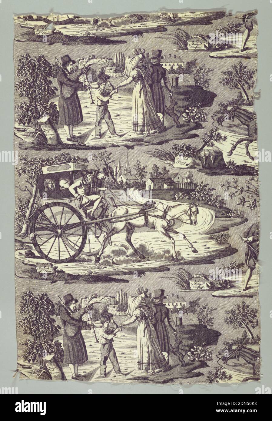 La Route de Poissy, Medium: cotton Technique: printed by engraved copper plate on plain weave, Panel of white cotton, copper plate printed in violet. Design known as 'La Route de Poissey.' Shows four scenes: 1) Men bowling, and on stone at side 'Les Joueurs de Boules;' 2) Fat man on horseback and thin man smoking pipe. Inscription on stone 'Route de Poissy' 3) Man playing bagpipe, and boy receiving money from a lady, on a stone at side 'Joueur de Carnemuse;' a carriage with two men on the box and passengers inside. Drawn by a jaded horse. Inscription on stone at side 'Route de St. Cloud.' Stock Photo