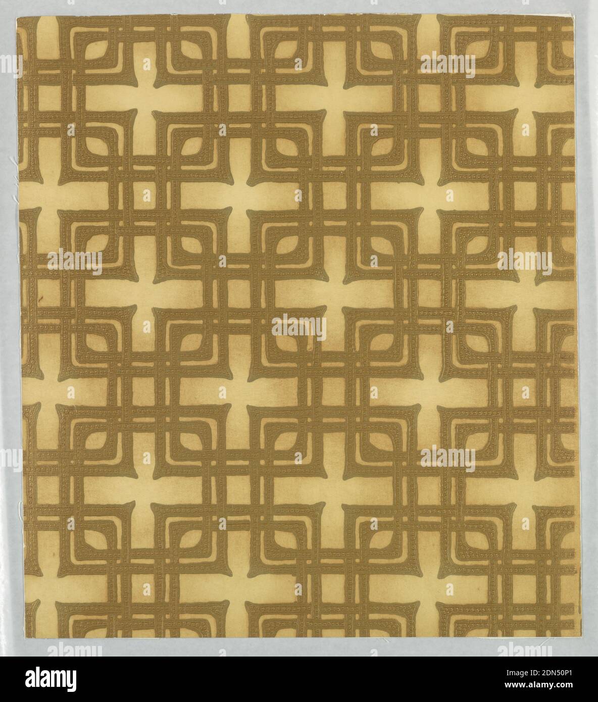 Sidewall, Block-printed paper, embossed, hand-rubbed oil finish, Imitation leather. Geometric strap work design of studded bands interlaced to form angular patterns. Bands are embossed, field is plain. Entire surface antiqued by hand. Printed in gold on deep old ivory, antiqued. Simulates tooled leather., USA, 1920, Wallcoverings, Sidewall Stock Photo