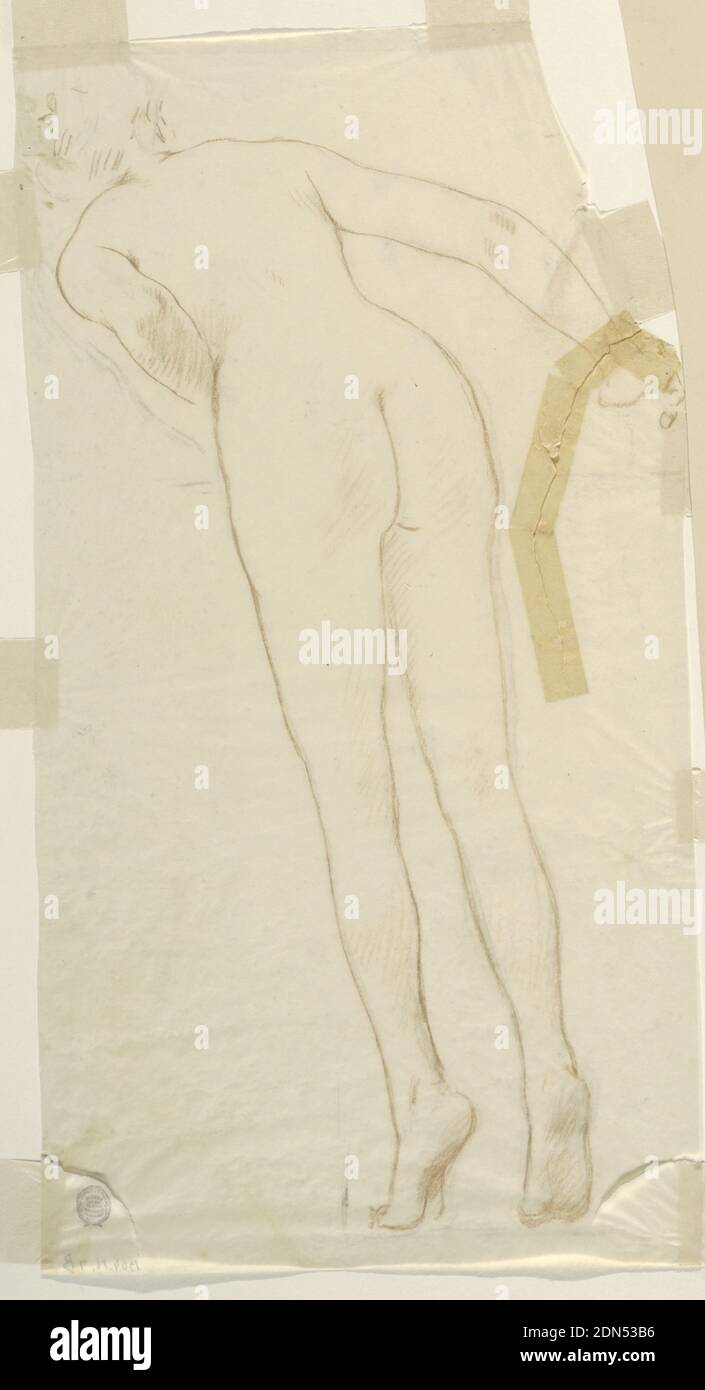 Study for a woman, “Vintage Festival,” Mendelssohn Glee Club, New York, NY, Robert Frederick Blum, American, 1857–1903, Black, brown pastel crayon on tracing paper, A female figure leaning over a pedestal. After a slim model. The outlines of the body with a little shadowing are shown. A few strokes indicate the head. The post of the right leg is slightly altered from 1904-16-7-a., New York, NY, USA, 1895–1898, figures, Drawing Stock Photo