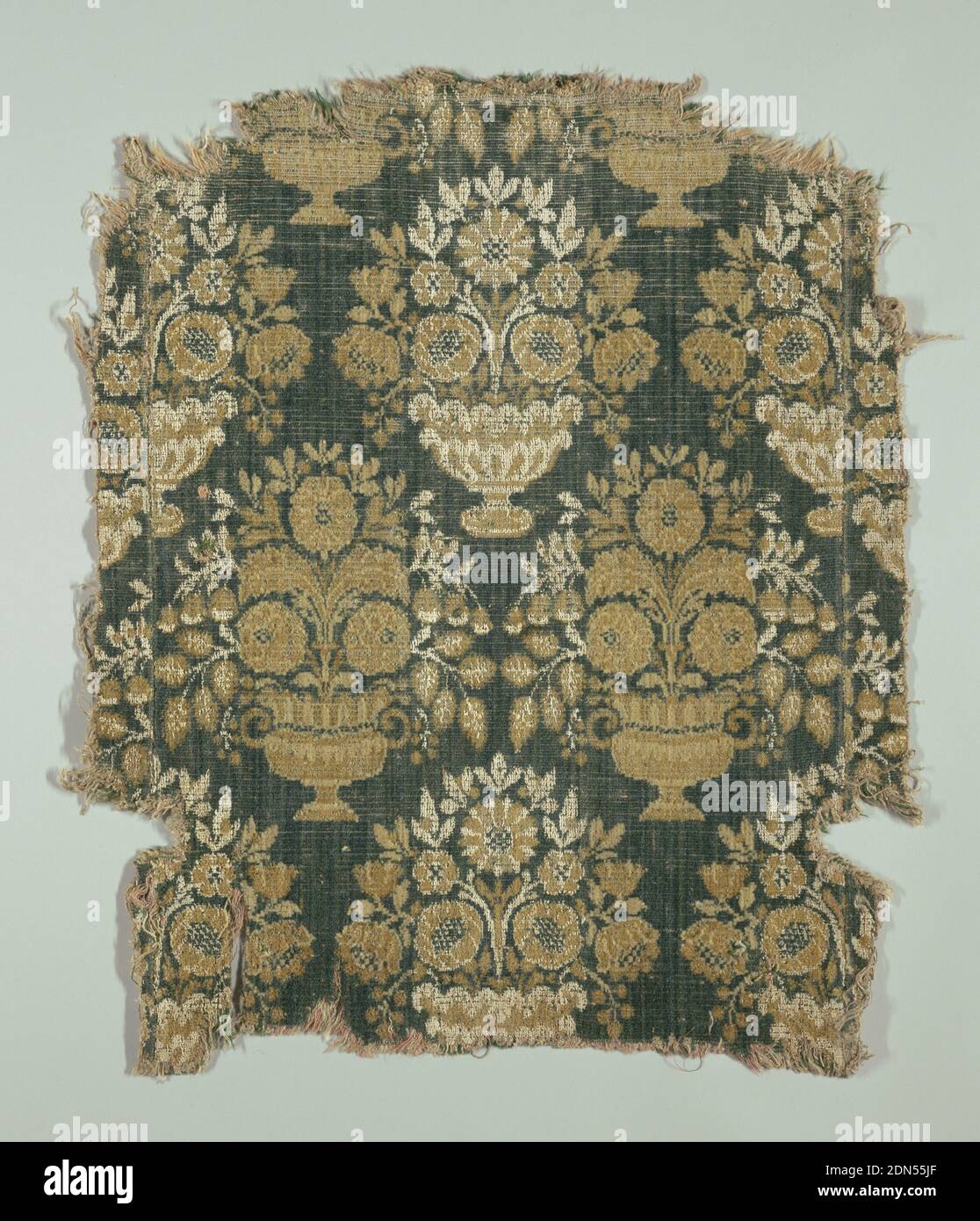 Carpet fragment, Medium: wool, linen Technique: cut velvet (moquette or  velour d'Amiens), Large repeat of symmetrical bouquet in urns; rose and tan  wool, white linen, on dark blue-green wool ground. Broad warp-surfaced