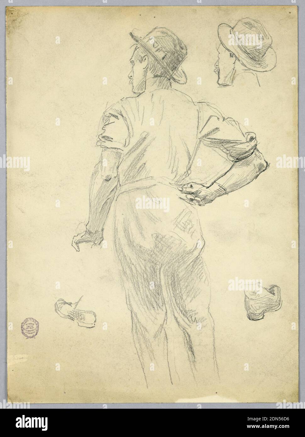 Sketch of a Man, Francis Augustus Lathrop, American, 1849 - 1909, Graphite on paper, Man in work clothes, seen from behind. Probably a figure study for a wall mural. Sketches of shoes, lower left and right. Sketch of head, upper right., USA, ca. 1895, figures, Drawing Stock Photo