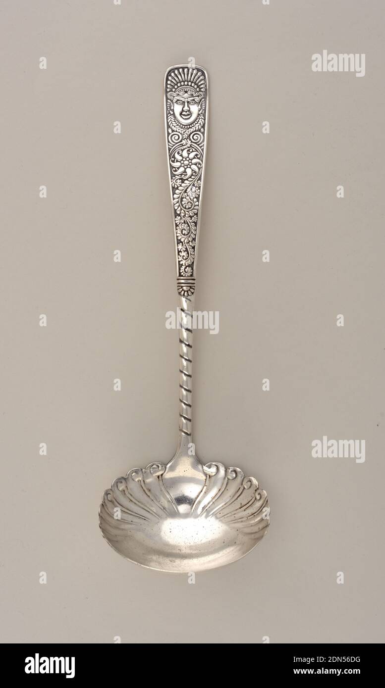 Assyrian Head', Meriden Silver Plate Company, 1869–1898, Silver-plated metal, Handle with scrolled foliate ornament and antique style crowned male mask at tip; circular bowl, partially fluted., 1885–86, cutlery, Decorative Arts, Ladle, Ladle Stock Photo