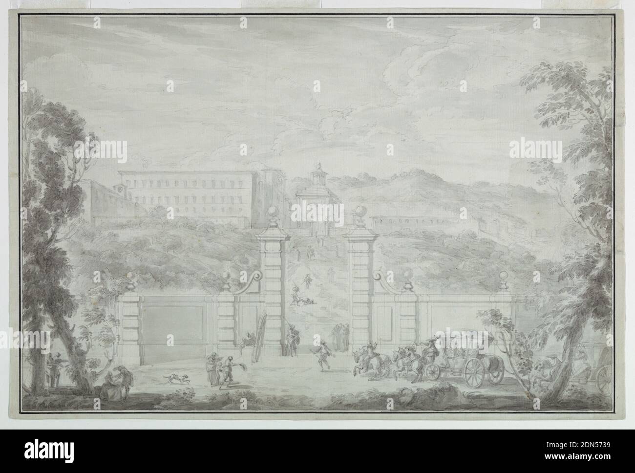 View of a Monastery Receiving Visit from Great People, Carlo Marchionni, Italian, 1702–1786, Black chalk, brush and gray-black watercolor on cream laid paper, Horizontal rectangle.The buildings of the monastery are in the middle ground upon a terrace of a hill sloping down to the foreground. There is a wall with the gateway, where a guard and a group of monks stand. Monks and soldiers are on the road connecting the gateways, outer and inner, in front of the church. One of the soldiers busies himself to chase two fighting dogs. A coach drawn by four horses, preceded by a courier, approaches Stock Photo