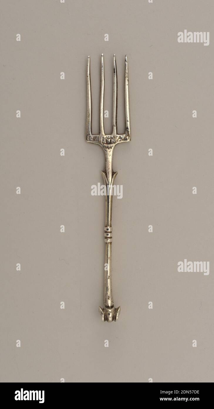 Fork, Silver, Small fork has four flat tines, square shoulders. Foliate handle with three ribs in center, volute scroll end., Naples, Italy, 1704, cutlery, Decorative Arts, Fork Stock Photo
