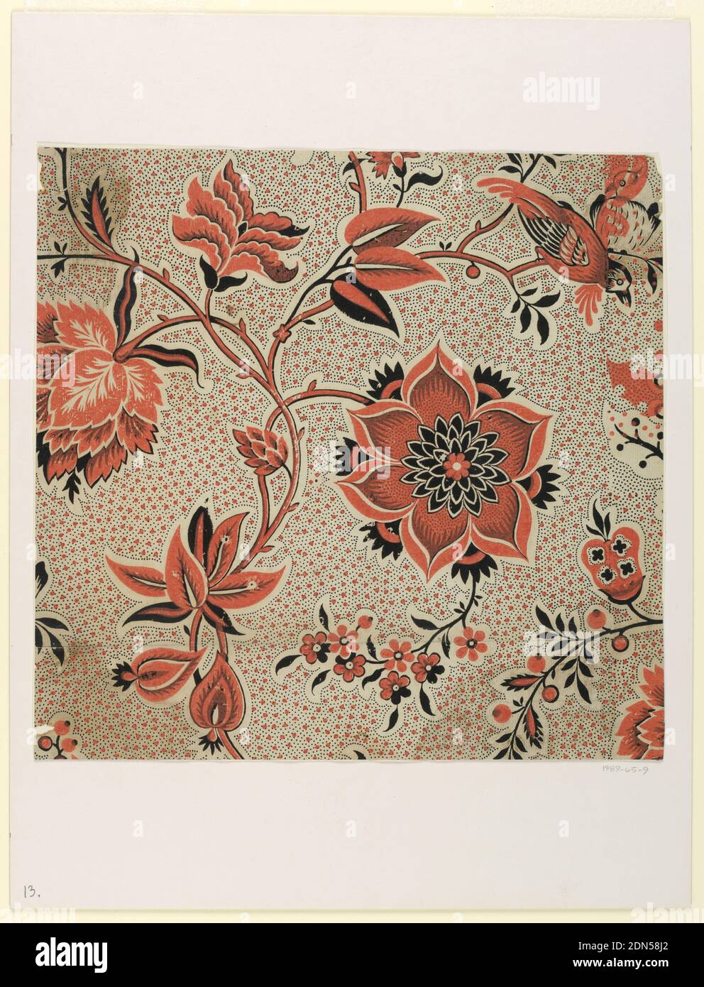 Design for Printed Textile, Block print on laid paper, Allover pattern of orange dots and small black dots. Stylized orange and black blossoms, with intertwined vines and a bird in upper right., France, 18th century, textile designs, Print Stock Photo
