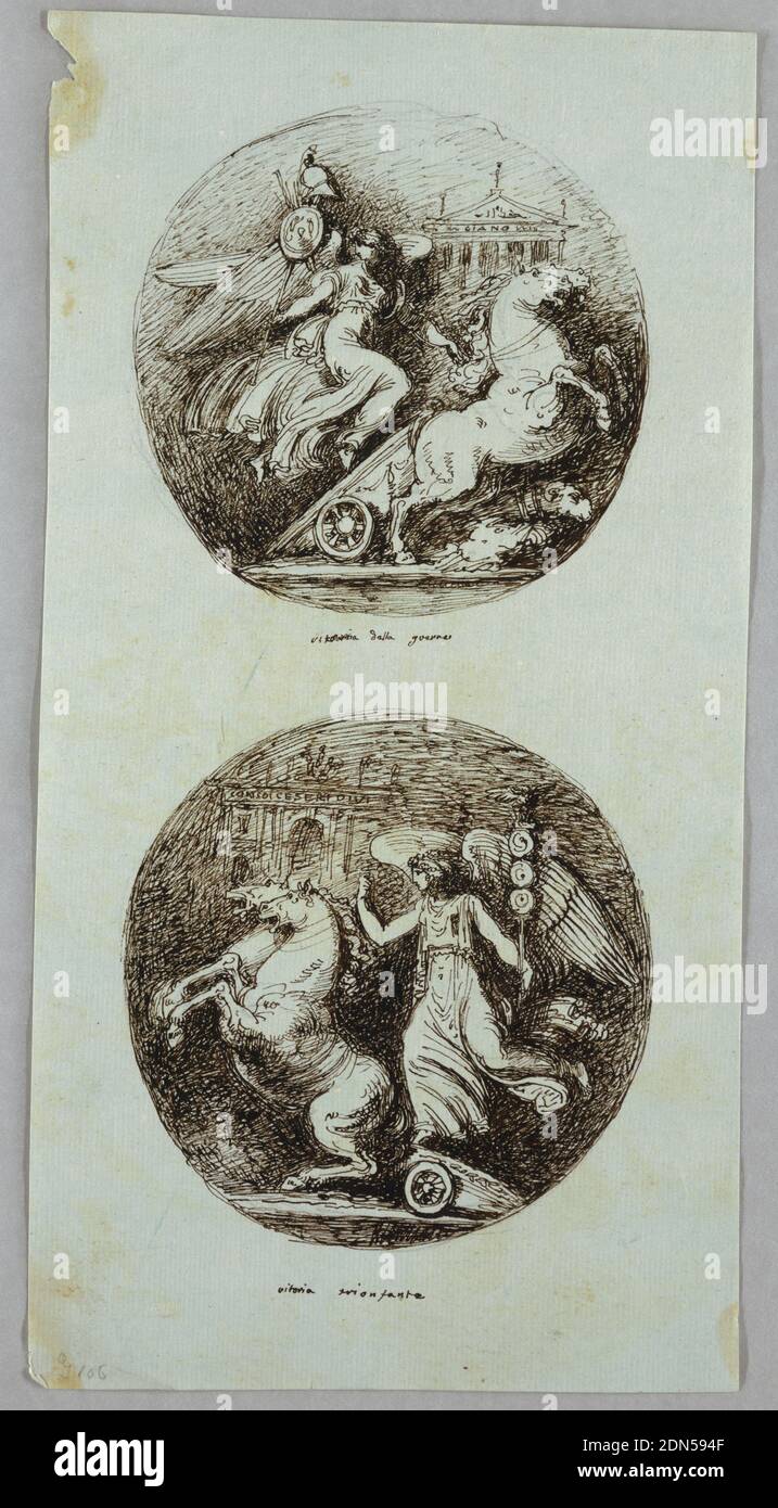 Two Roundels with Victories in Chariots, Felice Giani, Italian, 1758–1823, Pen and brown ink over traces of graphite on light blue paper, Chariot of Victory holding trophy is directed toward right. Janus temple shown at temple shown in background. At bottom chariot holding Victory and roman symbol directed toward left. Triumphal arch dedicated toward Caesar shown in background., Italy, 1798–1800, figures, Drawing Stock Photo
