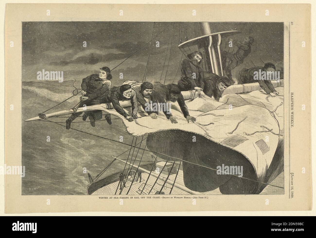 Winter at Sea – Taking in Sail off the Coast, Winslow Homer, American, 1836–1910, Harper's Weekly, Wood engraving in black ink on paper, Men taking in the sail of a ship in the snow., USA, January 16, 1869, figures, Print Stock Photo