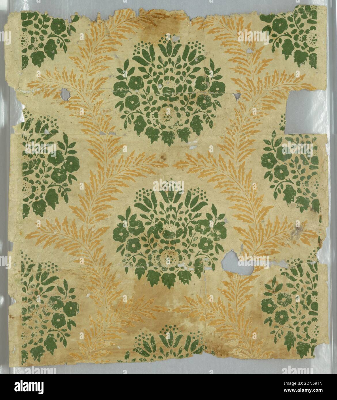 Sidewall, Block-printed on handmade paper, Green conventionalized floral medallions within mustard sprays of foliage., USA, 1825–35, Wallcoverings, Sidewall Stock Photo