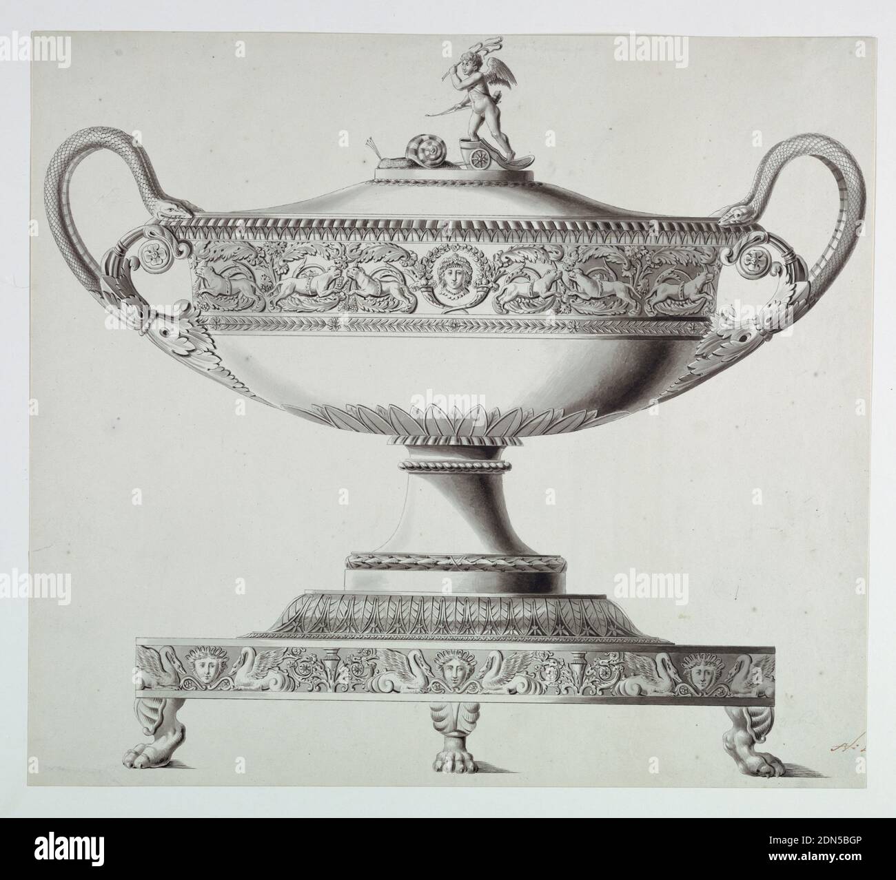 Design for a Tureen, Joseph Anton Seethaler II, German, 1799–1868, Pen and ink, brush and wash on paper, The body is banded by an arabesque frieze with lions and a medallion portrait in the center. The handles are formed by paired snakes issuing from a bound cluster of leaves. The finial is banded by a frieze of arabesques, vases, half-fish, half-swans, and masks, and rests on animals' feet. Lower right (in red ink): 'No 4 [?]' (cut off), Augsburg, Germany, 1825–1835, metalwork, Drawing Stock Photo