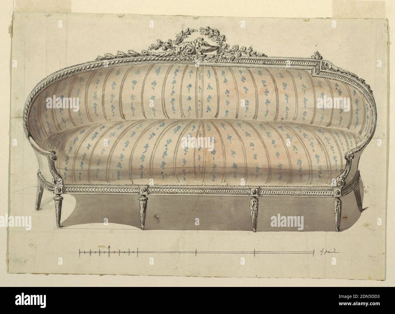 Design for Sofa, with Alternative Suggestions, Richard de Lalonde, French,  active 1780–96, Pen and black ink, brush and wash, pink and blue  watercolor, graphite on heavy white laid paper, Sofa design in
