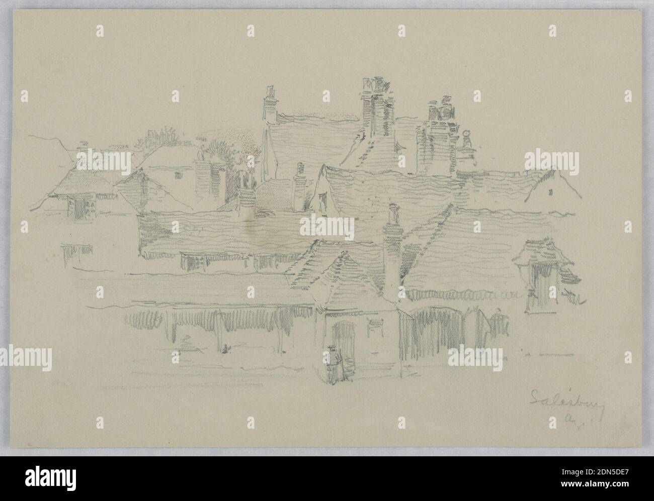 Salisbury, Arnold William Brunner, American, 1857–1925, Graphite on beige paper, Looking up a slope, house tops and chimneys are visible. Figure standing in front of arched doorway in lower center., USA, 1879–80, architecture, Drawing Stock Photo