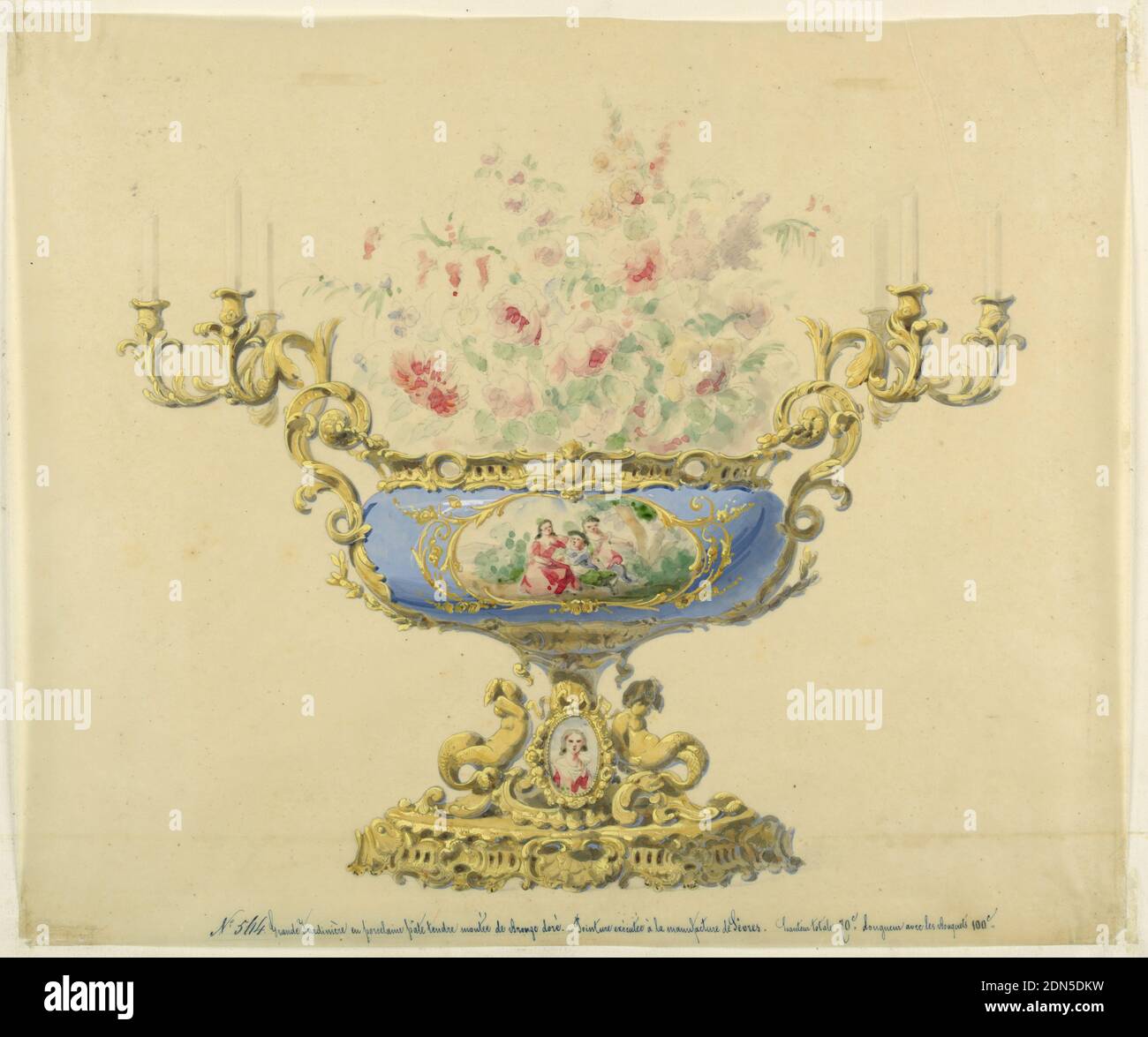 Design for a Jardiniere and Candelabrum, Pencil, brush with ink, watercolor, tempera colors, gold on trading paper, tipped down., The body of the jardiniere is of blue porcelain, with a central field depicting three figures in a landscape, within a narrow gold frame. Mounted on a bronze base containing an oval porcelain portrait within it; flanked by handles terminiating in candelabra. Flowers in the jardiniere. Inscribed lower center: No. 564. Grande Jardiniere en porcelaine pate tendre montee da Bronze dore - Peinture exacutee a la manufacture de Sevres. Hauteur totale 70 Stock Photo