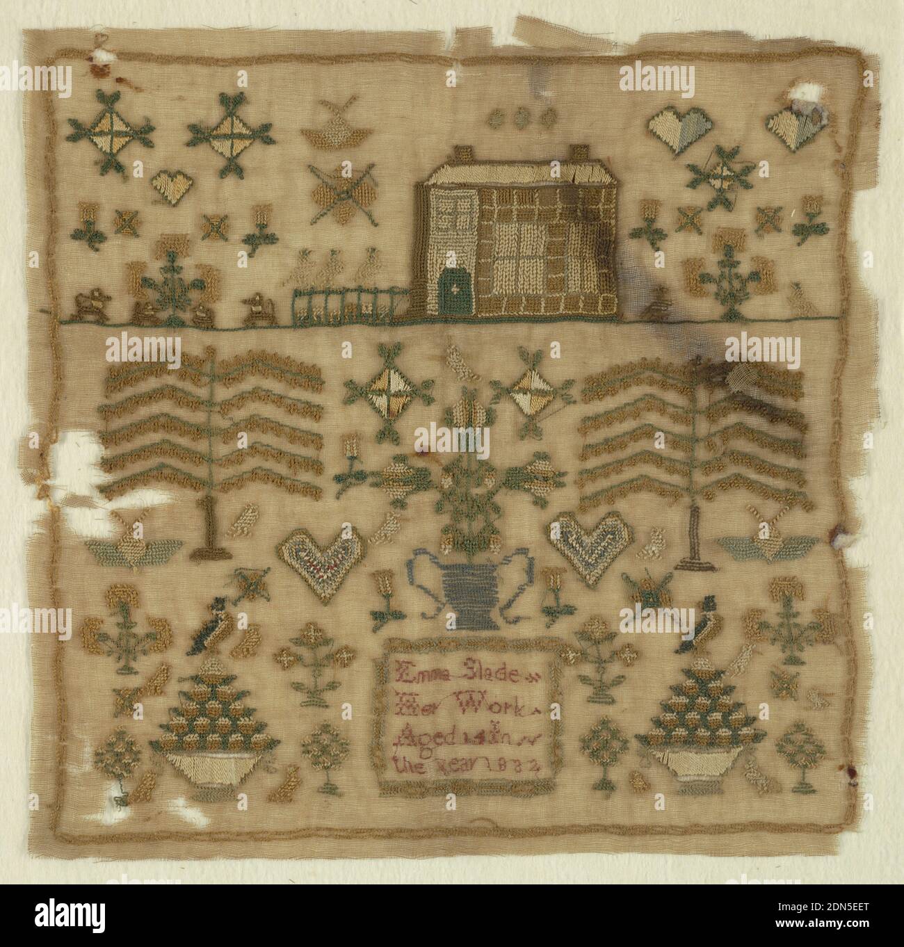 Sampler, Emma Slade, Medium: silk embroidery on linen Technique: cross, tent, and satin stitches on plain weave, At top, a house with trees, dogs, birds and motifs; below a vase of flowers with trees, birds, hearts surrounded by a chain border., England, 1832, embroidery & stitching, Sampler Stock Photo