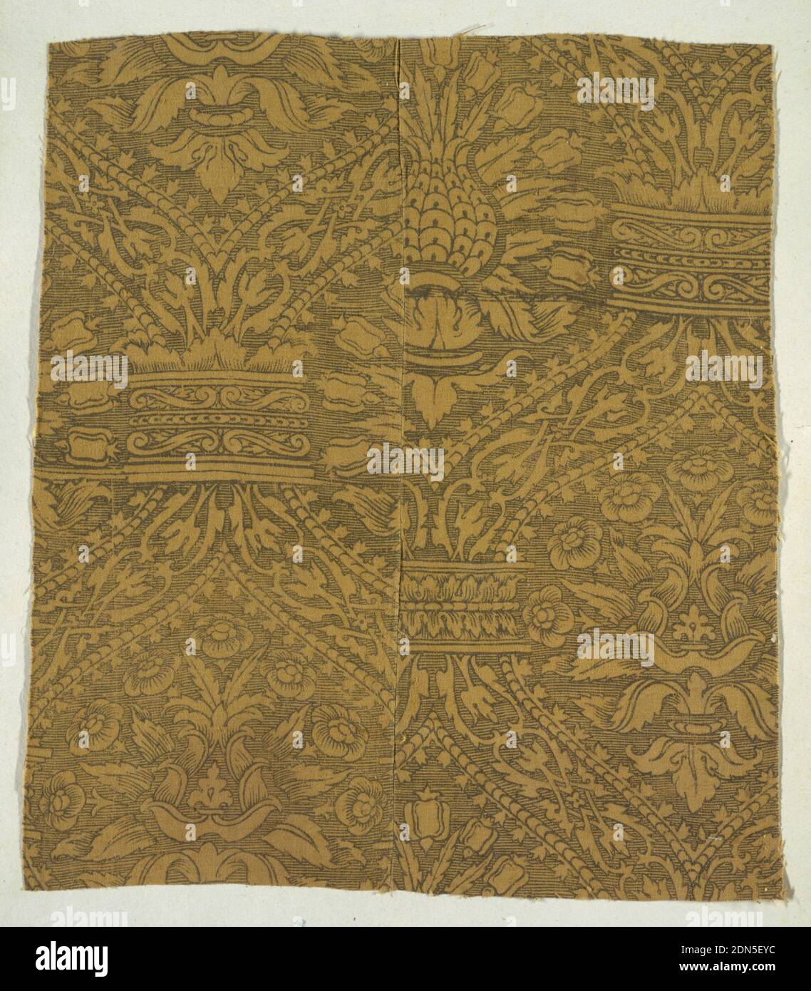 Fragment, Medium: linen warp, cotton weft Technique: block printed on 1&3 (S) twill, Pineapple or artichoke pattern in a heavy ogival framing device, printed in black on a yellow-gold ground., Spain, late 15th–early 16th century, printed, dyed & painted textiles, Fragment Stock Photo