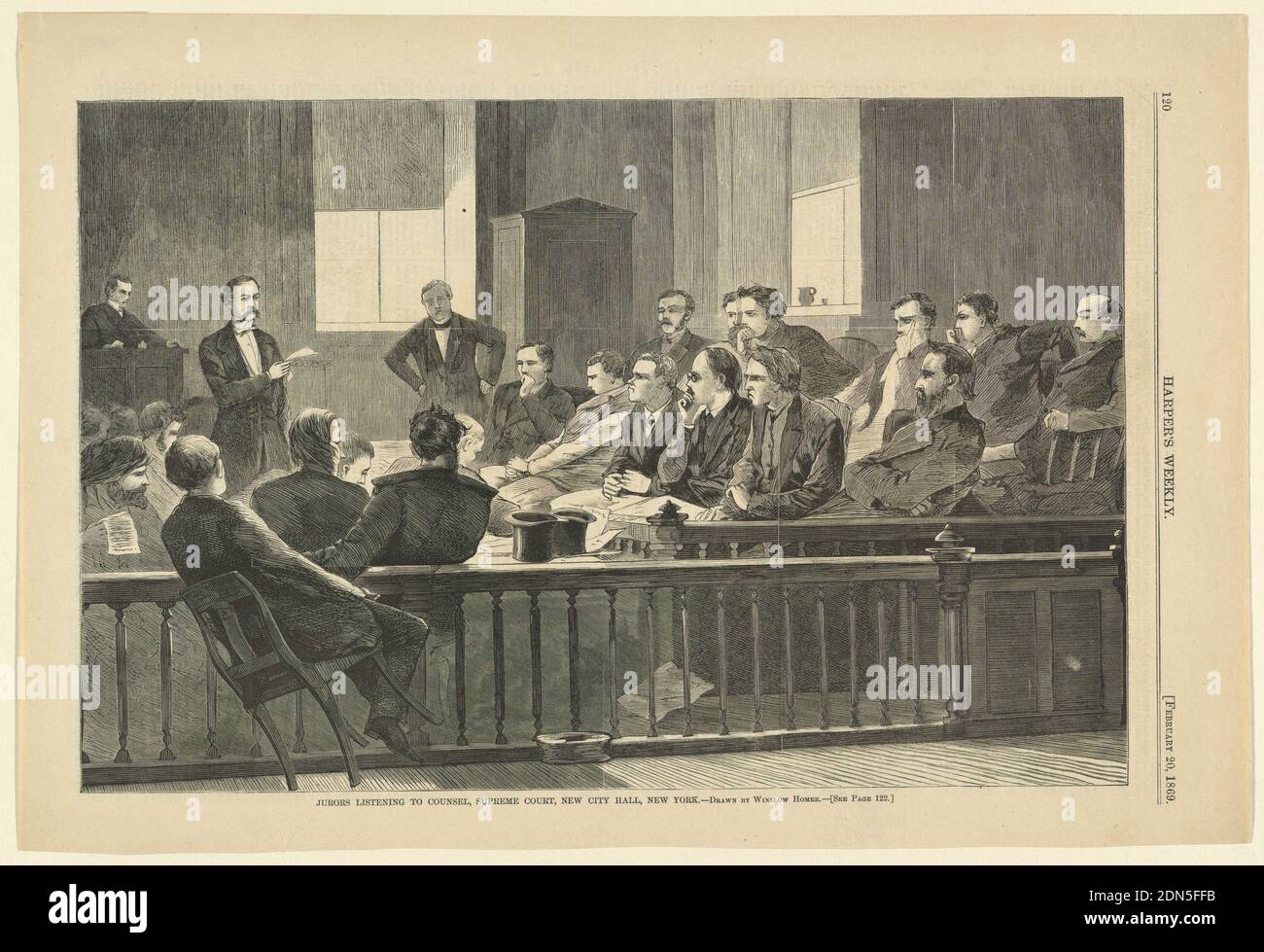 Jurors Listening to Counsel, Supreme Court, New City Hall, New York, Winslow Homer, American, 1836–1910, Harper's Weekly, Wood engraving in black ink on paper, Jury seated in the jury box listening to a lawyer., USA, February 20, 1869, figures, Print Stock Photo