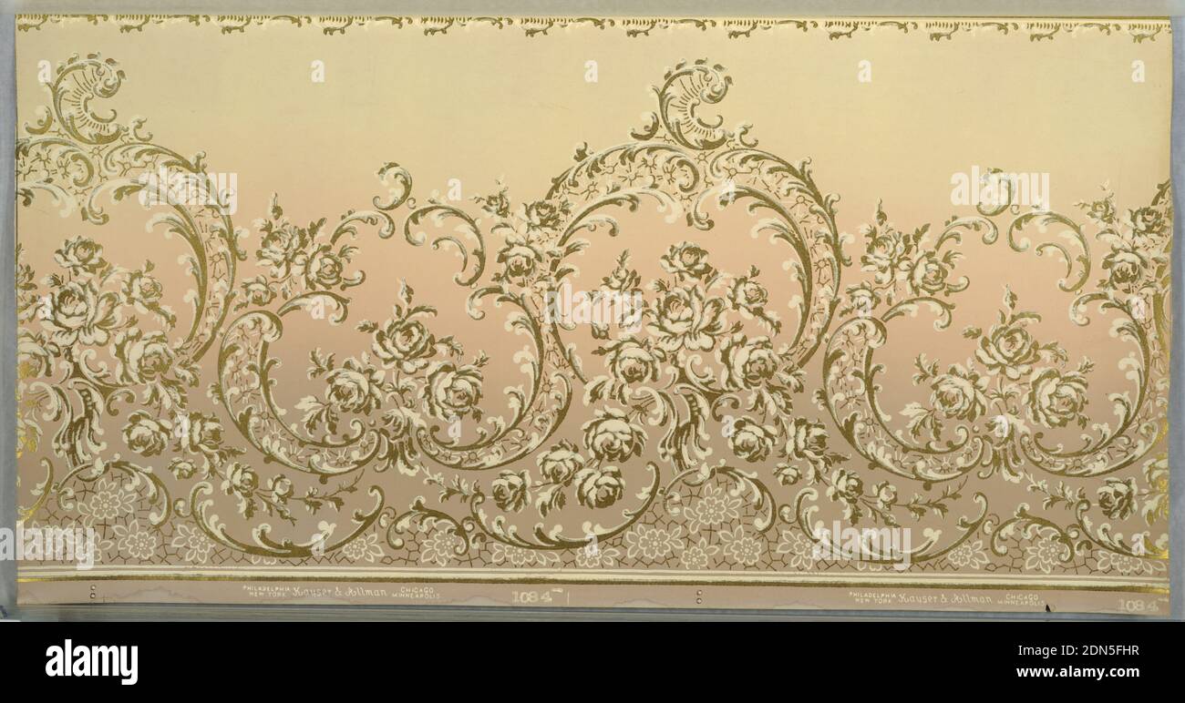 Frieze, Machine-printed paper, Horizontally repeating rococo-inspired pattern. Spindly scrollwork of stylized acanthus leaves and rosebuds rests on a meshwork of flowers and lines. A thin, foliate border runs across the top of the page. Design is machine-printed in olive green and khaki atop an ombre background that, from top to bottom, fades from light brown to pink to tan., USA, 1905–1915, Wallcoverings, Frieze Stock Photo