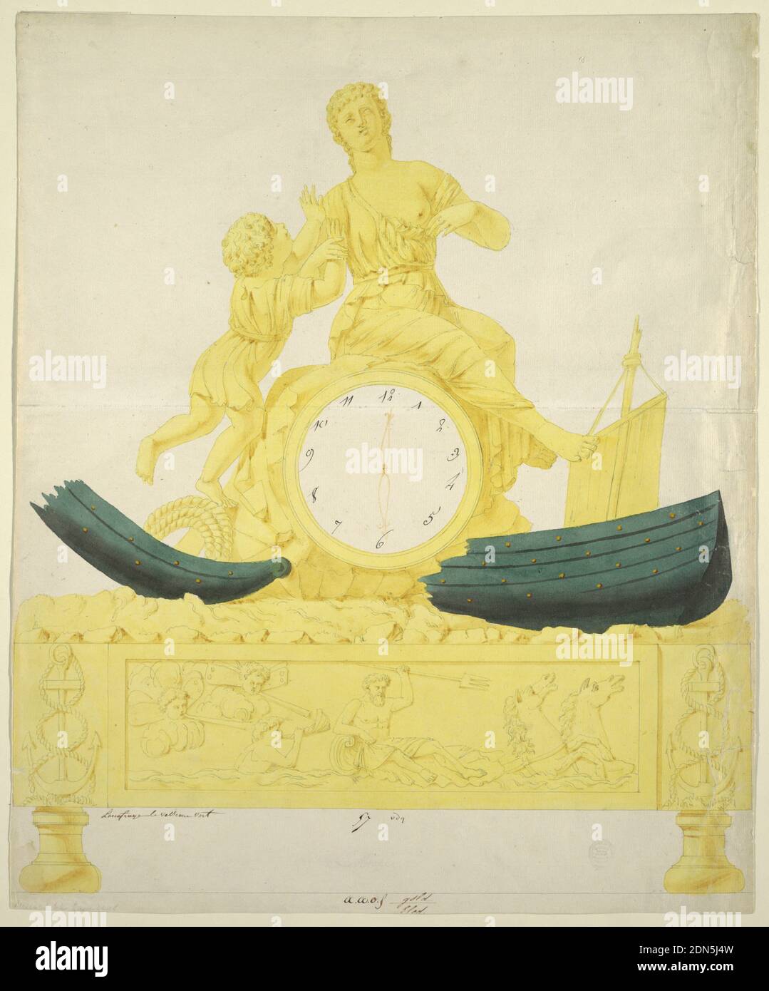 Design for a Clock, Pen and gray ink, brush and yellow, green and brown washes on off-white laid paper, Design for a gilt table clock: a child reaches towards a seated allegorical female figure (Hope?) atop a clock face (its encasing suggesting a rock). The broken, shipwrecked hull of a sailing vessel flanks the bottom of the clock which, in turn, rests on a base decorated with bas relief of Neptune (holding a trident) riding the sea accompanied by a Triton. Flanking the frieze are decorations featuring anchors entwined with rope., 1800–1825, timepieces & measuring devices, Drawing Stock Photo