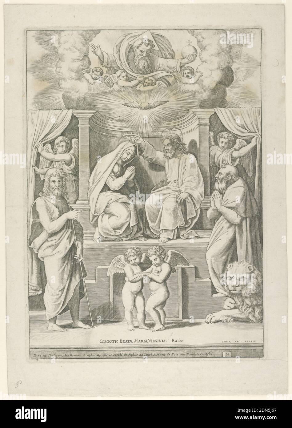 Coronation of the Virgin, Master of the Die, Italian or German, 1530 - 1560, Antoine Lafréry, French, 1512 - 1577, Raphael, (Italian, 1483–1520), Engraving, The Coronation of the Virgin: Virgin and Christ seated at center, flanked by two angels who draw back curtains. God the Father in upper register. Saint Jerome at right, with lion. At left, Saint John the Baptist. Two putti in foreground., Italy, 1530–1560, religion, Print Stock Photo
