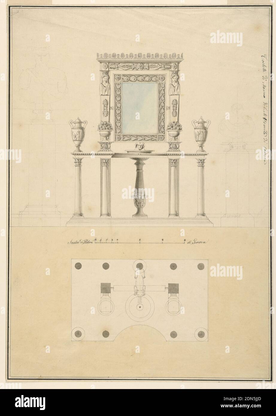 Elevation and Plan of Wash Basin and Mirror in Carrara Marble, Pen and black ink, brush and yellow, gray and blue wash, graphite on wove paper, Elevation and plan of a washstand with mirror. On either side are two pedestals each with a ceramic vase and an amphora sitting on top., Carrara, Italy, early 19th century, furniture, Drawing Stock Photo