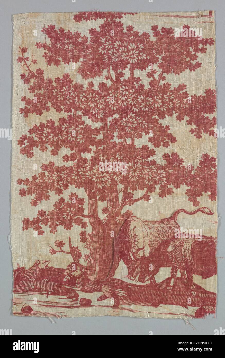 Fragment, Medium: cotton Technique: printed on plain weave, Fragment shows a large leafy tree with two grazing cows beneath it. At left, two barking dogs. In red on white ground., France, late 18th century, printed, dyed & painted textiles, Fragment Stock Photo