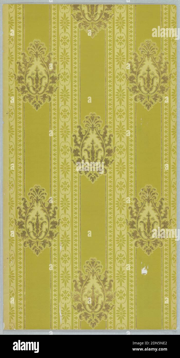 Sidewall, Machine-printed on embossed paper, Medallion stripe design; metallic gold foliate medallions on green bands alternate with stylized floral bands. Printed in metallic gold and yellow-green on an embossed mica ground., USA, 1875–1900, Wallcoverings, Sidewall Stock Photo