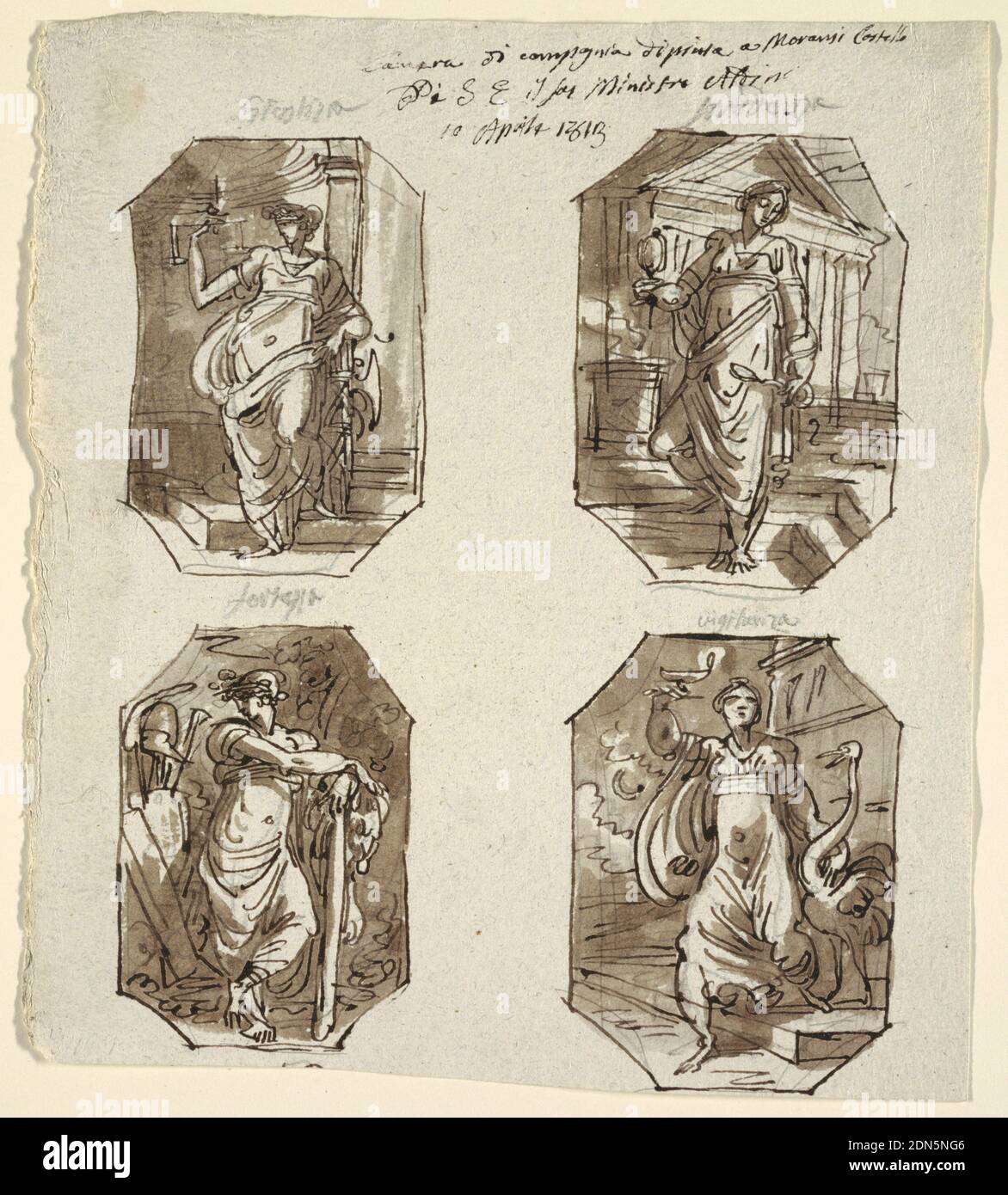 Four Allegories of Virtue, Villa Aldini, Montmorency, France, Felice Giani, Italian, 1758–1823, Pen and brown ink, brush and greyish-brown wash, black chalk on grey textured paper, Four octagonal drawings. Top, left: Justice shown standing on one side of niche, leaning upon fasces and raising pair of scales. Inscribed above in graphite: GIUSTIZA. Top, right: Prudence shown standing in temple precinct, holding looking-glass and snake. Inscribed above in graphite: PRUDENZA. Bottom, left: Strength holding club and shown near trophies. Inscribed above in graphite: FORTEZZA. Stock Photo