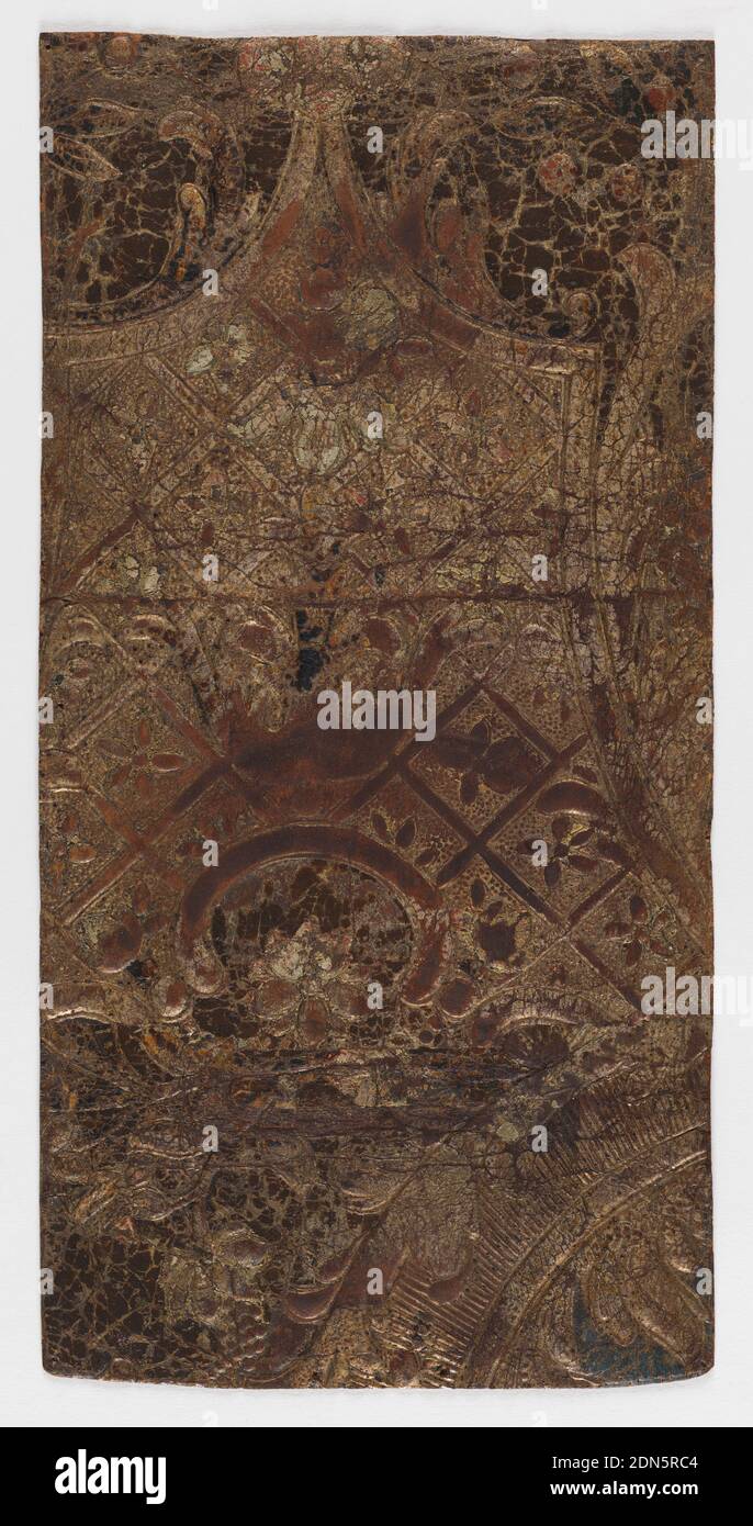 Sidewall, Leather, stamped, silvered, painted, With blue field, flowers raised against a diapered background, printed on blue field., Flanders, ca. 1710, Wallcoverings, Sidewall Stock Photo