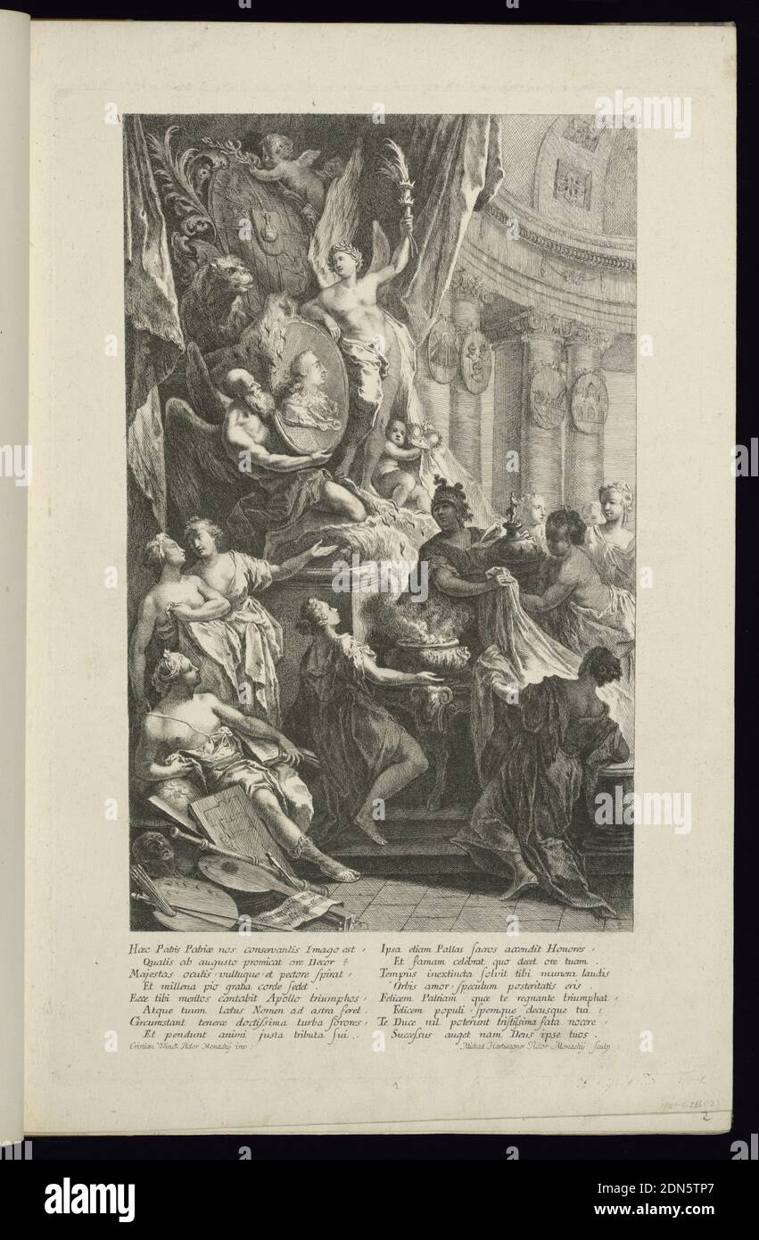 Crowning Elements, Groups of Figures, Ecclesiastical Trophy, Christian Wink, German, 1738 - 1797, Michael Hartwagner, German, d. 1776, Engraving on paper, A large figural group within an architectural interior. At upper left, a winged putto holding a shield, below which is a lion and an angel holding a portrait of a man. Additional figures throughout in classical style., Munich, Germany, 18th century, albums (bound) & books, Bound print, Bound print Stock Photo