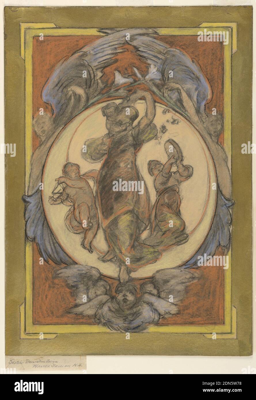 Study for 'The Crescent Moon', Walter Shirlaw, American, b. Scotland, 1838–1909, Black crayon and pastel on paper with gold border, Two winged half-size figures and a cherub frame a central, circular compostiion. In the center, a dancing woman is embraced by a child; figures, possibly children, to her left and right hold a tambourine and a triangle, respectively. Background framed by gold., USA, ca. 1897, figures, Drawing Stock Photo