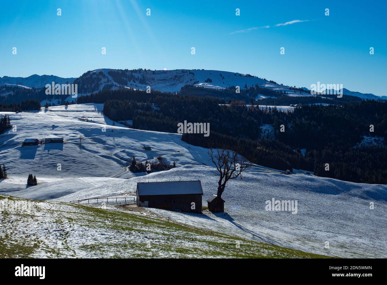 Beautiful hilly landscape in Cantone Appenzell, Switzerland: First autumn snow Stock Photo