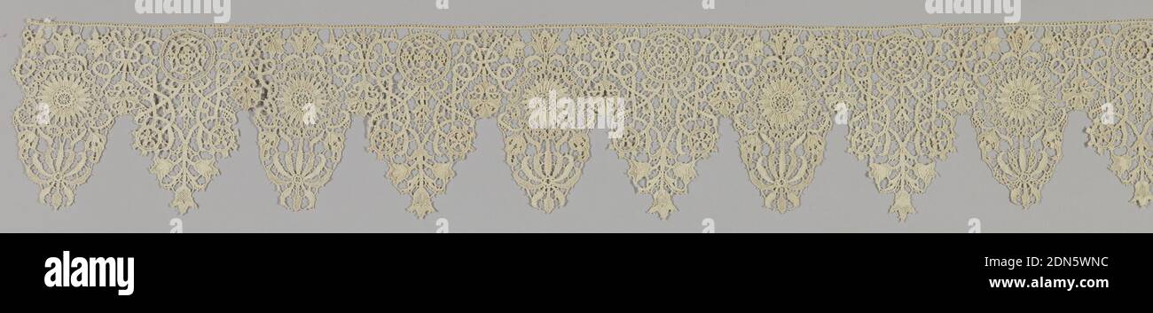 Band Medium Linen Technique Needle Lace Early 17th C And Style Deeply Pointed Punto In Aria Border In Floral Patterns Blue Bell Design Alternating With Lily Sprays Italy 1601 50 Lace Band Stock Photo