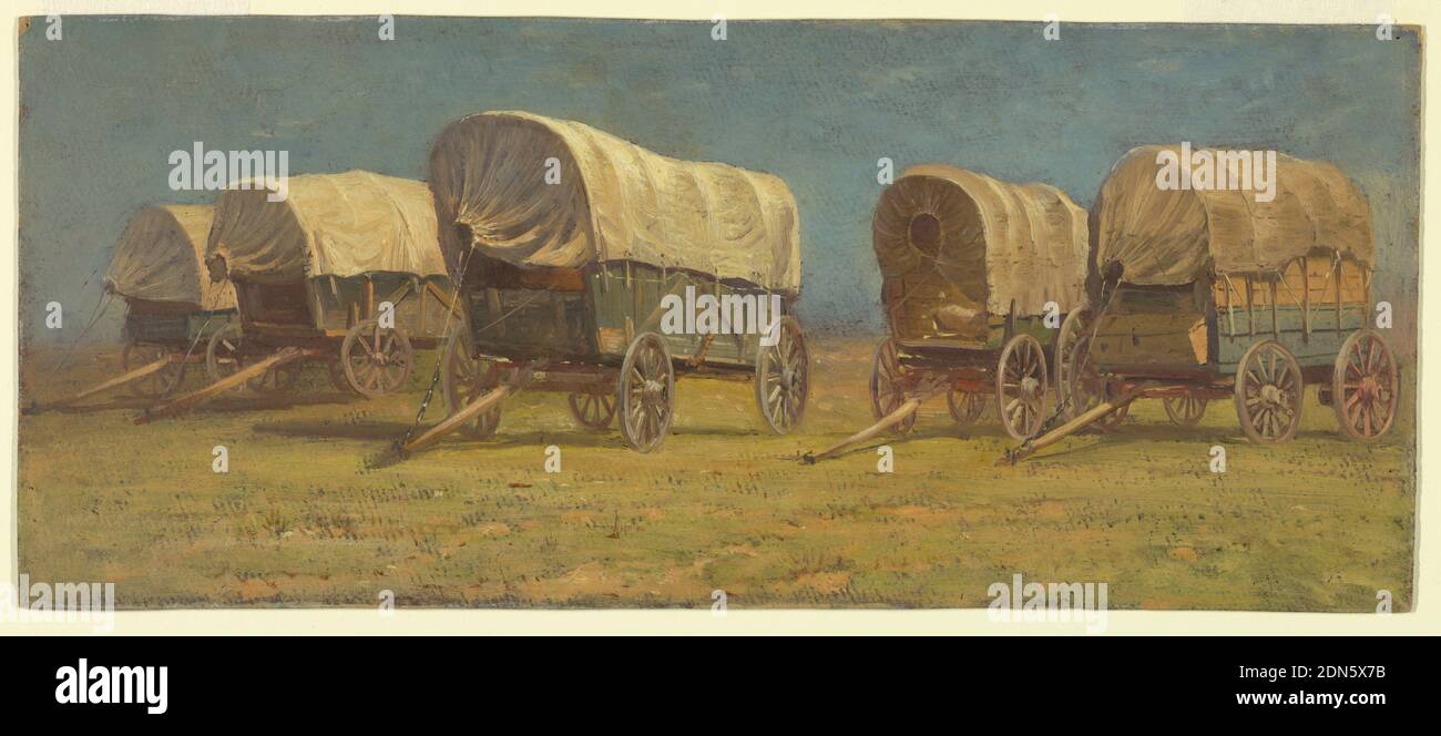 Study of Covered Wagons, Samuel Colman, American, 1832–1920, Brush and oil paint on cardboard, Horizontal rectangle. Oblique view of five wagons standing on grass. Blue sky., USA, possibly 1871, transportation, Drawing Stock Photo