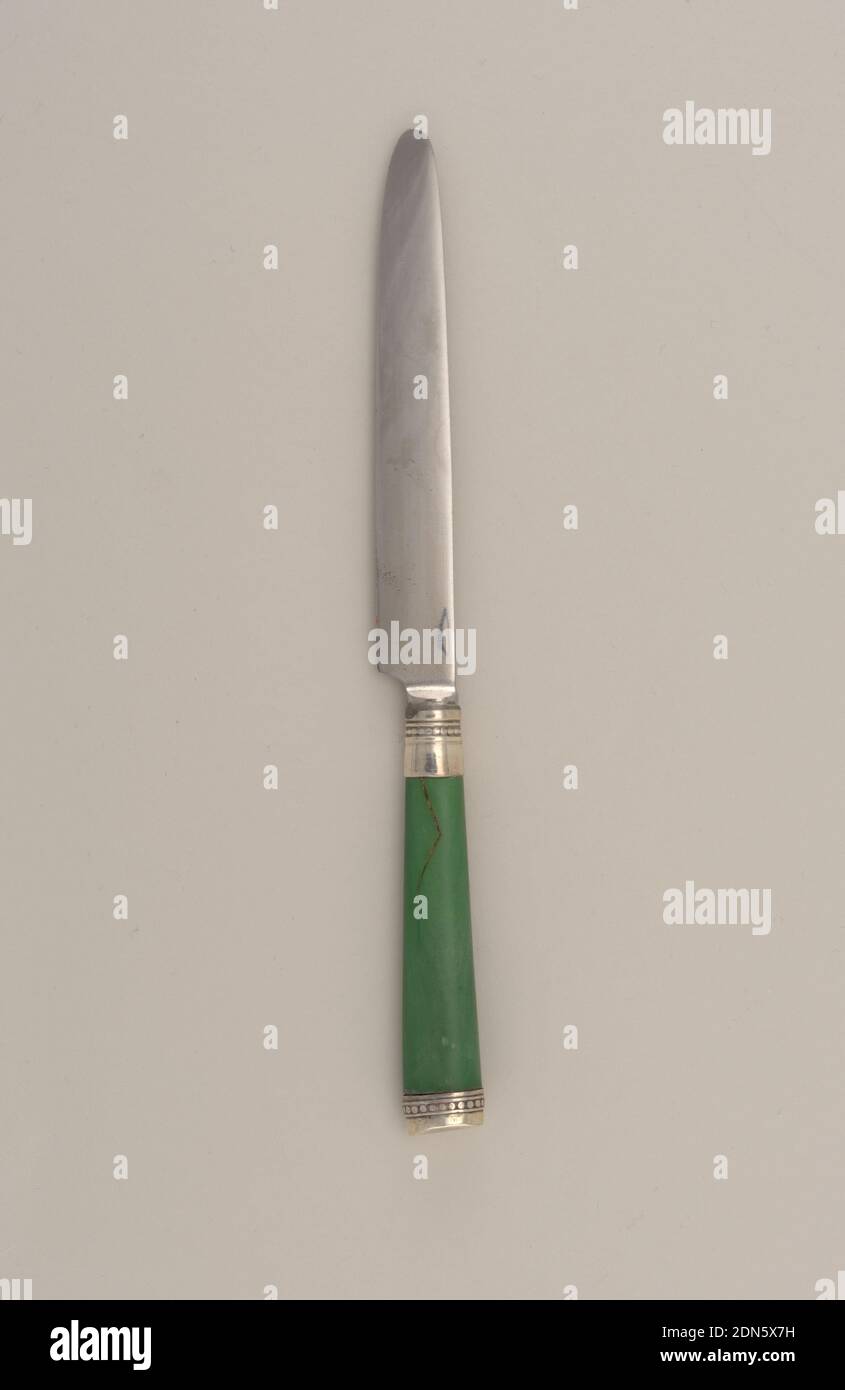 knife, greenstained ivory, steel, silver, Part of a set of knives and