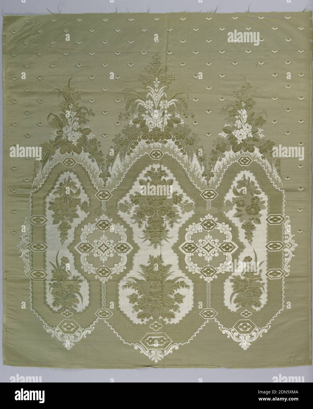 Panel, Medium: silk Technique: plain weave with discontinuous supplementary weft patterning (brocade), One repeat of a large symmetrical triple-crowned floral ornament against a grey-green ground with minute flowers. Ivory warp, beige weft., possibly France, 1830–1850, woven textiles, Panel Stock Photo