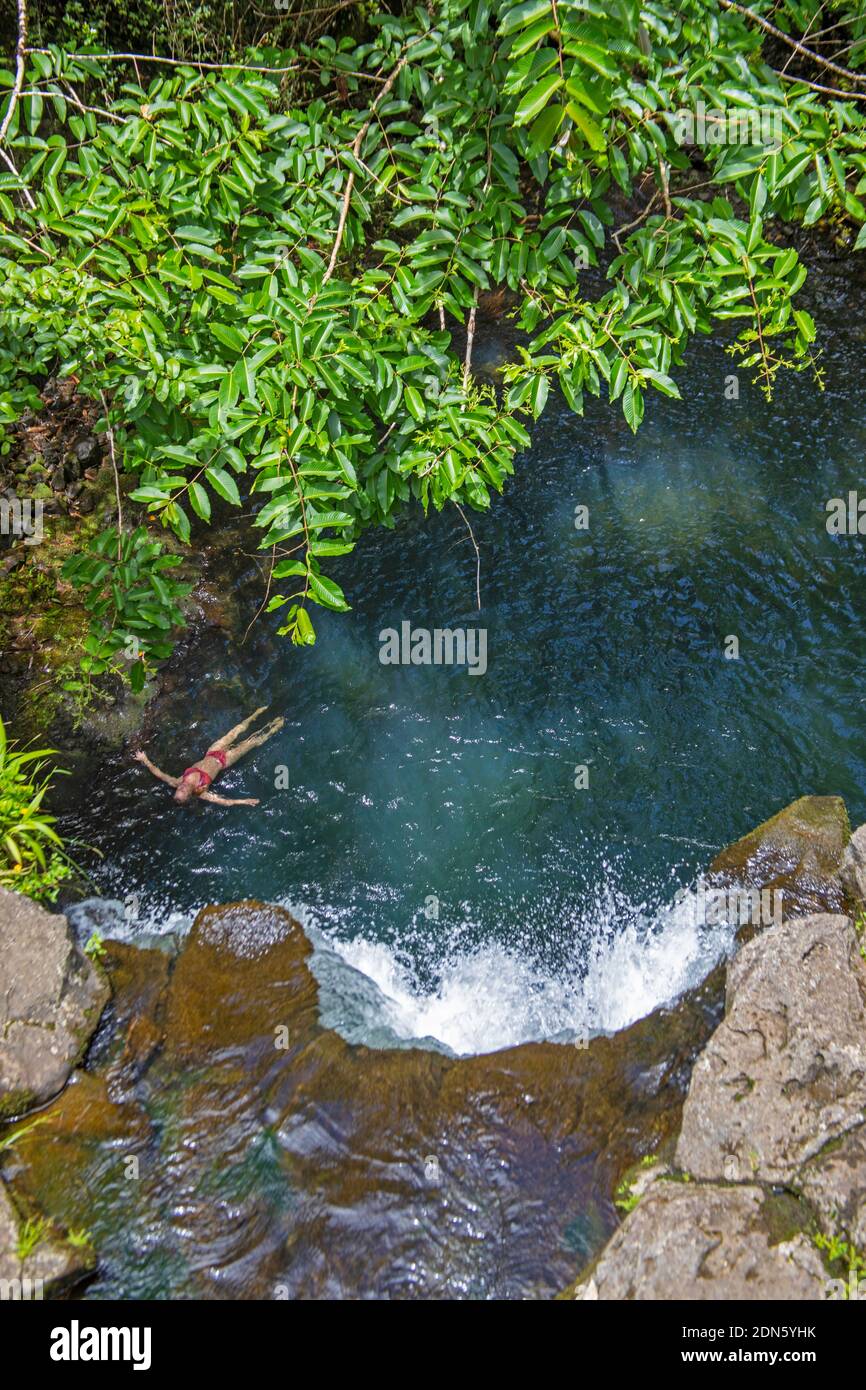 A woman (MR) in a bikini floats in the pond below Pua'a Ka'a Falls on the road to Hana, Maui, Hawaii, USA. Stock Photo