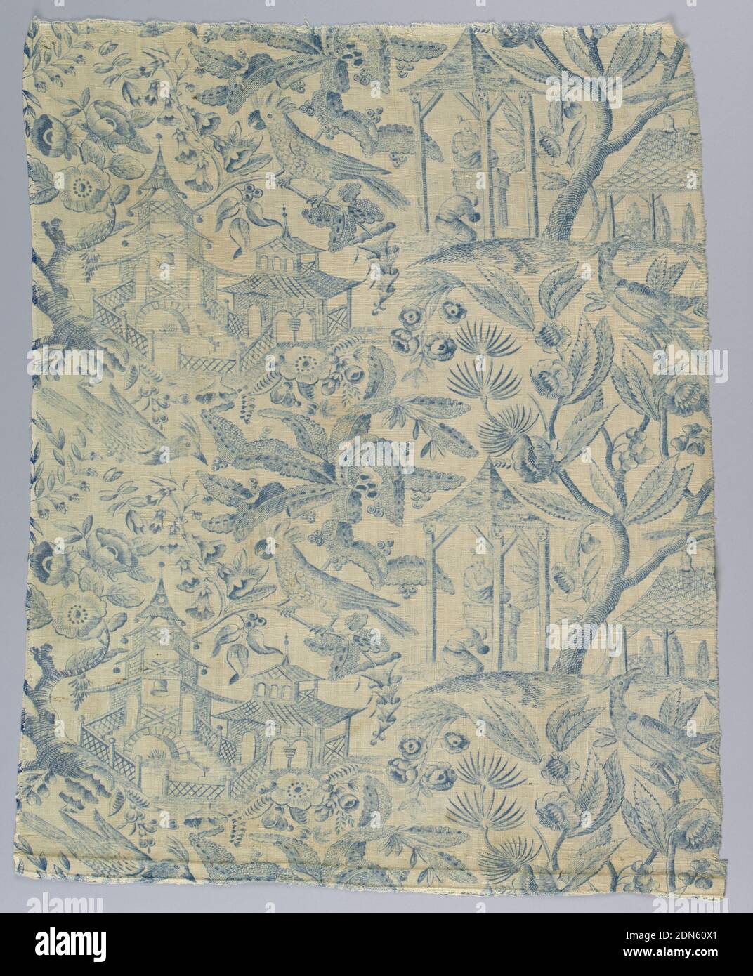 Textile, Medium: cotton Technique: roller printed on plain weave, Pattern of chinoiserie type; with pagodas, male figures, and birds amid foliage. At top piece is gathered into band and fitted with tapes, possibly for a valance., England, mid-19th century, printed, dyed & painted textiles, Textile Stock Photo