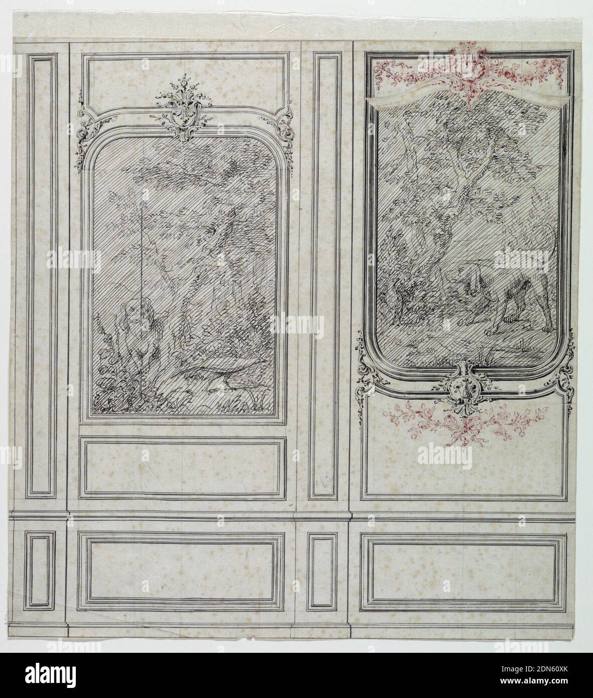 Design for a Room, Pen and red and black ink, graphite on paper, Two bays  are shown, each containing a representation of a hunting dog and a bird in  a setting of