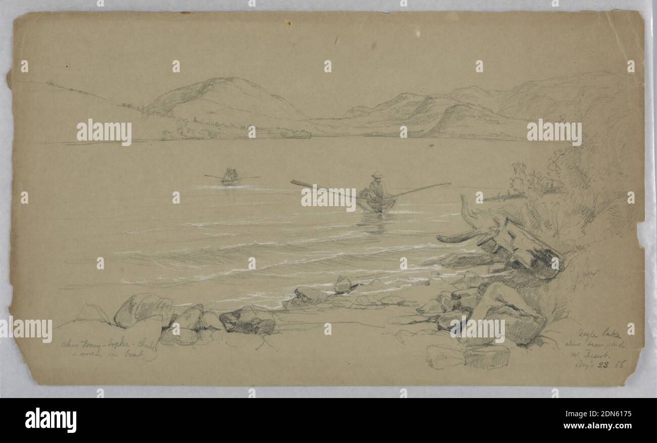 Eagle Lake, Mt. Desert, Daniel Huntington, American, 1816–1906, Graphite and chalk on brown-grey paper, The shores of lake at right and at rear, beneath a mountain range. Three rowboats on the water., USA, August 23, 1856, landscapes, Drawing Stock Photo