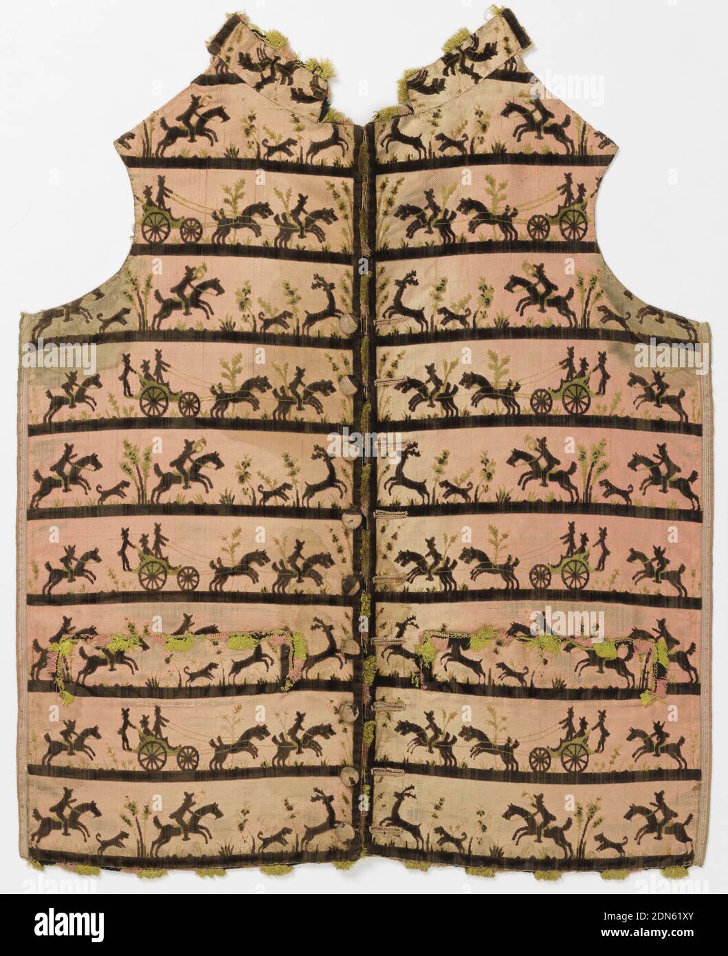 Waistcoat, Medium: silk Technique: cut voided supplementary warp pile in a twill foundation, Waistcoat of pale pink velvet with black horizontal stripes has alternating rows of hunting scenes. One row has two men on horseback, one with a French horn, with hunting dogs in pursuit of a deer. The other has a carriage drawn by four horses followed by another man on horseback. Decorated with pink and yellow-green fringe., France or Spain, ca. 1790, costume & accessories, Waistcoat Stock Photo