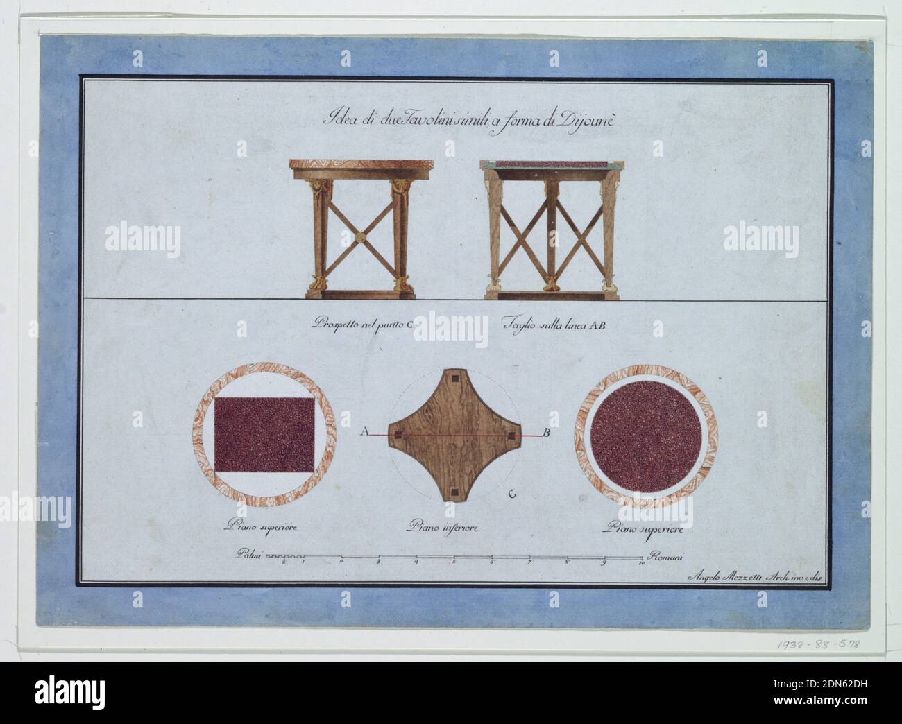 Design for Two Small Breakfast Tables, Angelo Mezzetti, Italian, Pen and black ink, brush and watercolor, gold paint on white paper, lined with blue paper, Sheet of designs for a table divided horizontally into two parts. At the upper part, an elevation (left) and section (right) of a table with four legs, connected by crossed laths. Round wooden top frame with round marble top. Inscription below each elevation and section. At the lower part, there are three renderings: a marble top, round, with inscribed rectangle (left); a plan of the wooden top frame with a red horizontal line Stock Photo