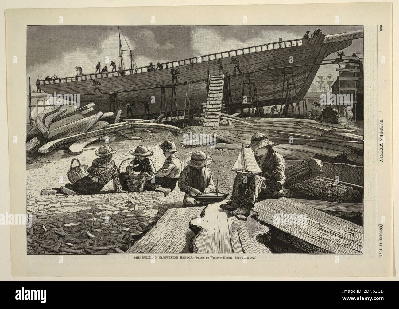 Ship-Building, Gloucester Harbor, from Harper's Weekly, October 11, 1873, p. 900, Winslow Homer, American, 1836–1910, Wood engraving in black ink on newsprint paper, Horizontal view with a ship under construction in the background and a group of five boys, with two holding models of sailboats and three boys with two baskets, in the background. One boy is gathering shells in a basket., 1873, figures, Print Stock Photo