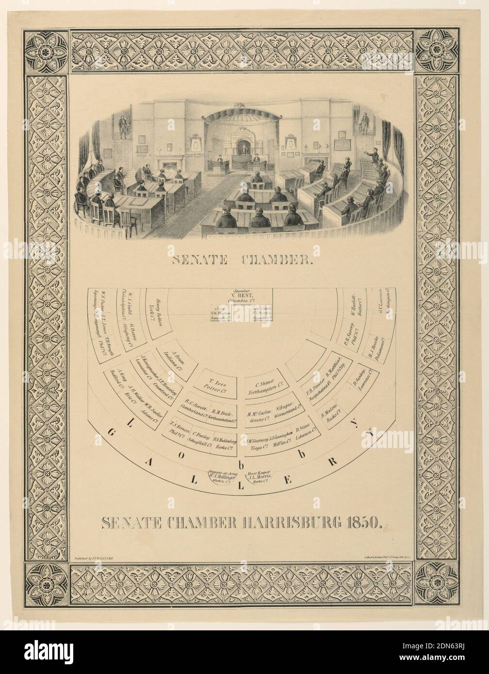 Senate Chamber, Harrisbug, Pennsylvannia, August Kollner, 1813–1850, S. T. Williams, Lithograph with black ink on paper, Vertical rectangle. Vignette of Senate Chamber interior, looking toward the Speaker's podium. Below: plan of the chamber, with names of members indicated. Caption: 'Senate Chamber Harrisburg 1850.' Enclosed in ornamental frame. Lower left: 'Pubished by S.T. Williams.' Lower right: Lith. of A. Kollner Phile H. Camp litho press.', USA, 1850, interiors, Print Stock Photo