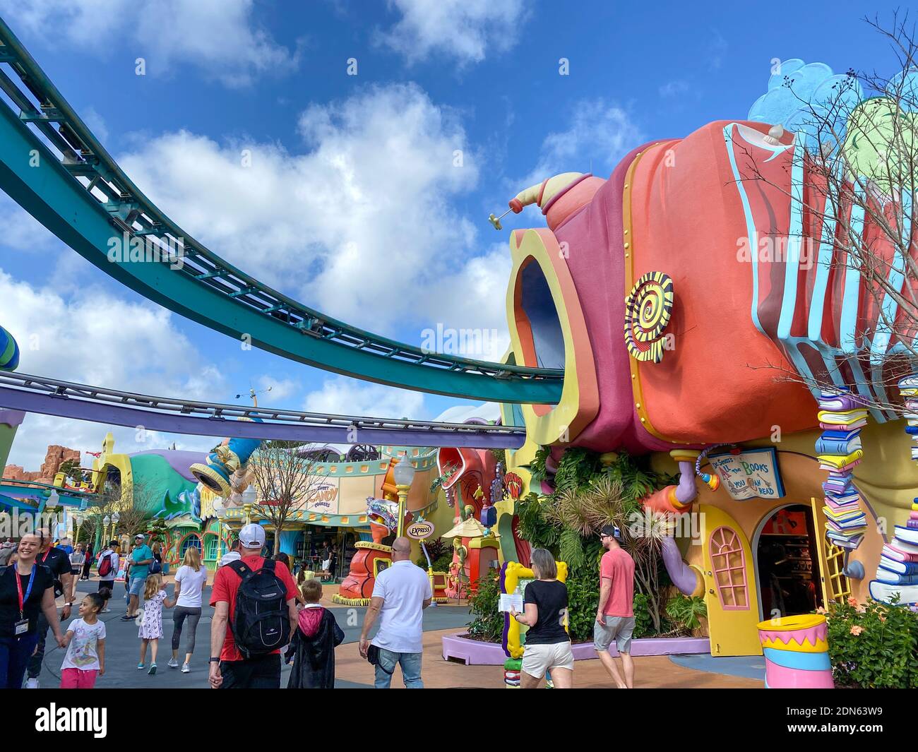 Orlando, FL USA - February 16, 2020: The Dr. Suess Cat in the Hat area in the Universal Studios theme park. Stock Photo