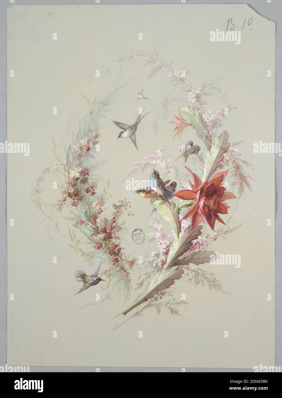 Design For Wallpaper And Textile Flowers And Birds Brush And Gouache On Cream Paper Two Branches Of Silvery Green Foliage And Red Berries Form A V Shape To The Right Side A Red Orange