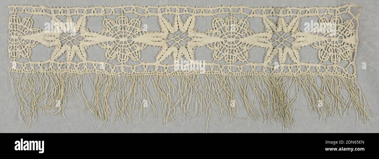 Edge, Medium: linen Technique: bobbin lace (continuous braid-like), Band with fringe edge and stars alternating with circles., Italy, late 17th century, lace, Edge Stock Photo