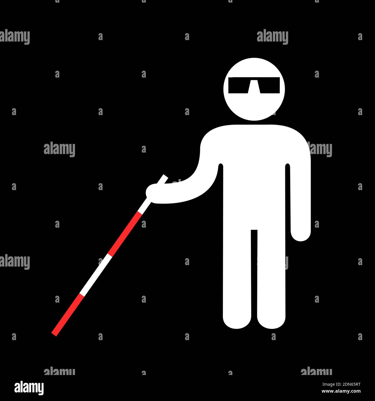 Blind person with visual and vision impairment - man is holding white stick and cane because of handicap and disability. Vector illustration. Stock Photo