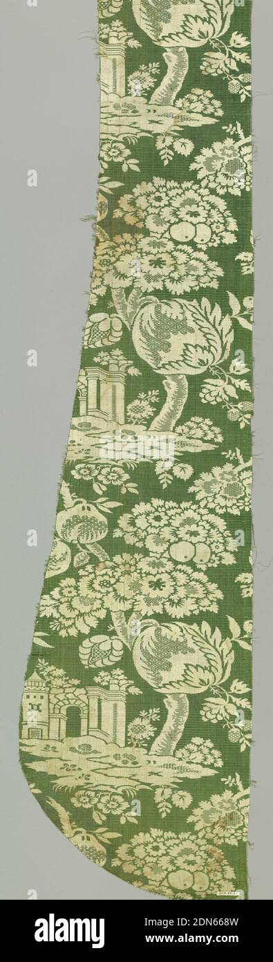Fragment, Medium: silk Technique: fancy compound weave, Fragment with an archway and tower under an oversized tree with large-scale flowers and fruit in white on a green foundation. Green ground has wide horizontal ribs woven with supplementary green warp., France, 18th century, woven textiles, Fragment Stock Photo