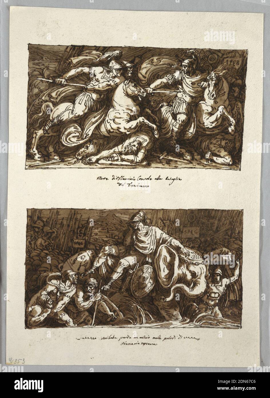Sketchbook Page: Death of Flaminius in the Battle of Trasimeno; Annabelle Loses an Eye in the Swamps of Fiano, Tuscany, Felice Giani, Italian, 1758–1823, Pen and brown ink, brush and brown wash over traces of graphite on cream laid paper, Vertical panel showing two battle scenes with light figures against a dark ground. At top, an equestrian; at bottom, figures with elephant., Italy, ca. 1812, figures, Drawing Stock Photo