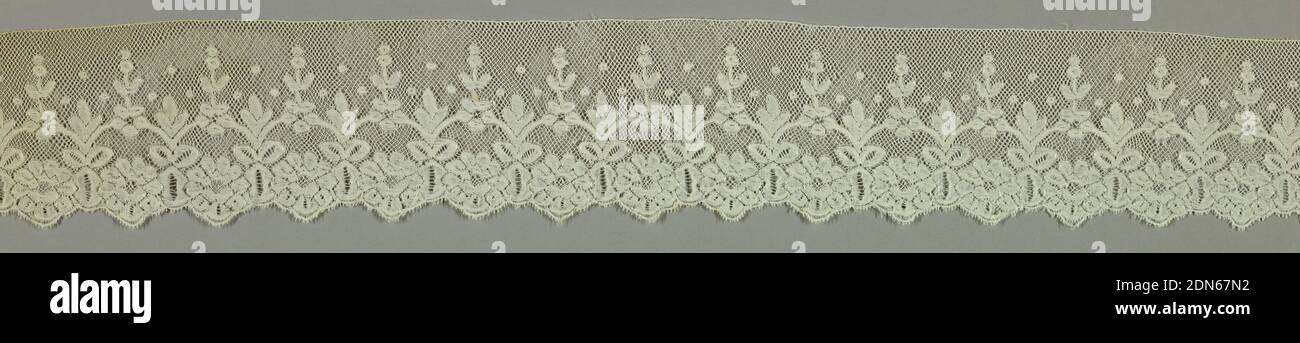 Band, Medium: linen Technique: bobbin lace (Valenciennes diamond ground), Border with a design of joined flower and leaf motifs with dots and a scalloped edge., France, 19th century, lace, Band Stock Photo