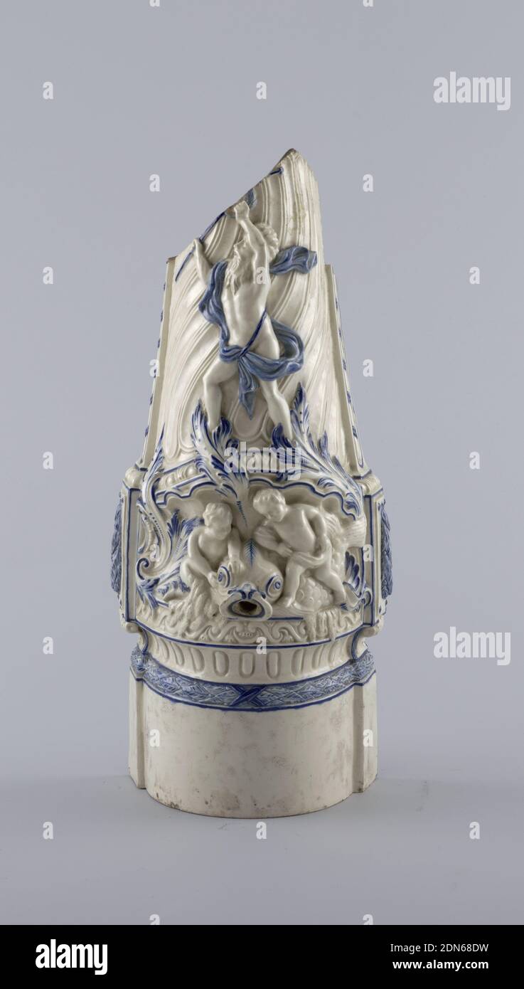wall fountain, Tin-glazed earthenware, Flat at back, the bowed front tapering toward the top. Dolphin head spout with figures of infants in relief surmounted by Poseidon brandishing a trident and a wreath. Molded geometric and floral forms., France, 1774–1793, ceramics, Decorative Arts, wall fountain Stock Photo